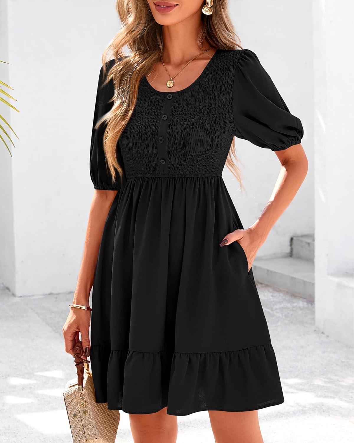imageBTFBM Women Casual Summer Smocked Dresses 2025 Crew Neck Puff Short Sleeve Empire Waist ALine Beach Vacation Mini DressBlack