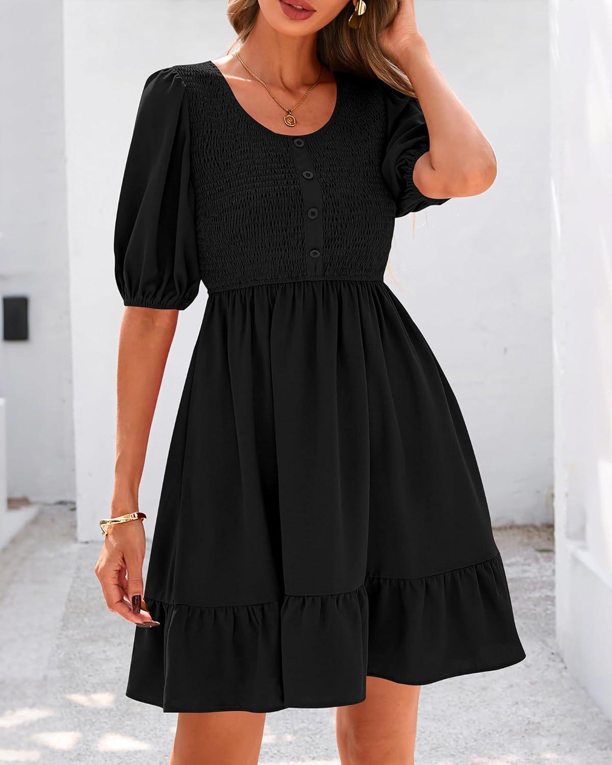 imageBTFBM Women Casual Summer Smocked Dresses 2025 Crew Neck Puff Short Sleeve Empire Waist ALine Beach Vacation Mini DressBlack