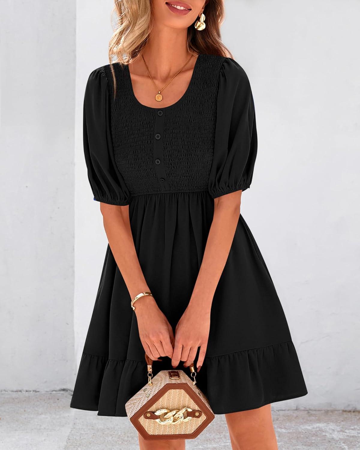 imageBTFBM Women Casual Summer Smocked Dresses 2025 Crew Neck Puff Short Sleeve Empire Waist ALine Beach Vacation Mini DressBlack
