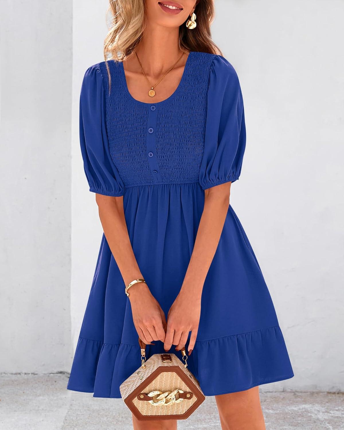 imageBTFBM Women Casual Summer Smocked Dresses 2025 Crew Neck Puff Short Sleeve Empire Waist ALine Beach Vacation Mini DressBlue