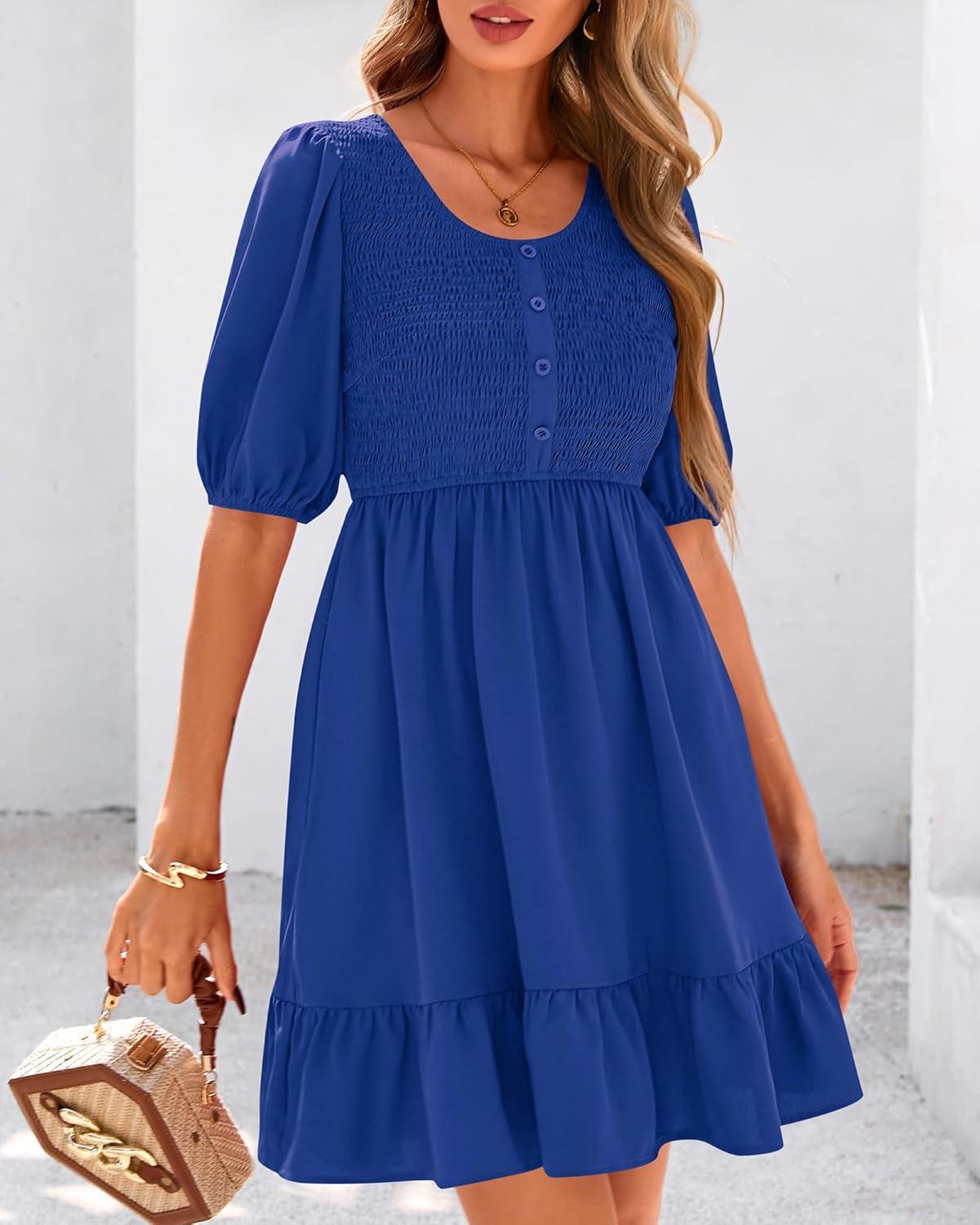 imageBTFBM Women Casual Summer Smocked Dresses 2025 Crew Neck Puff Short Sleeve Empire Waist ALine Beach Vacation Mini DressBlue
