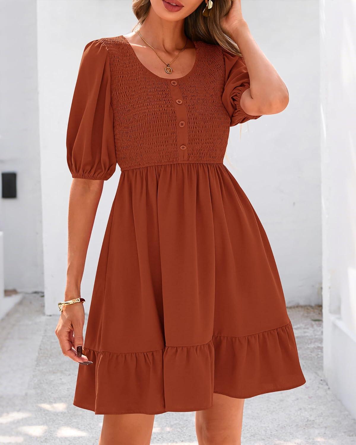 imageBTFBM Women Casual Summer Smocked Dresses 2025 Crew Neck Puff Short Sleeve Empire Waist ALine Beach Vacation Mini DressBrick Red