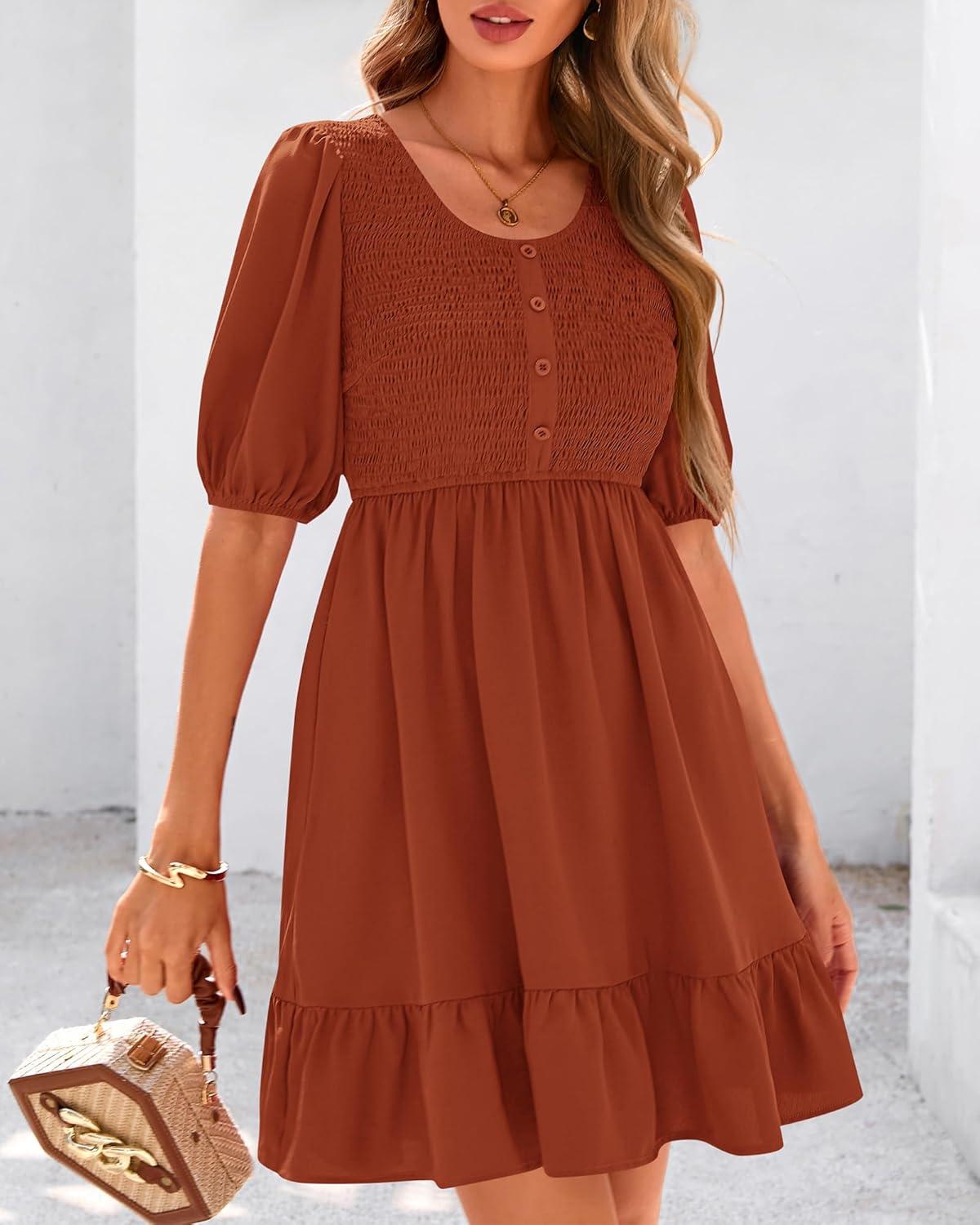 imageBTFBM Women Casual Summer Smocked Dresses 2025 Crew Neck Puff Short Sleeve Empire Waist ALine Beach Vacation Mini DressBrick Red