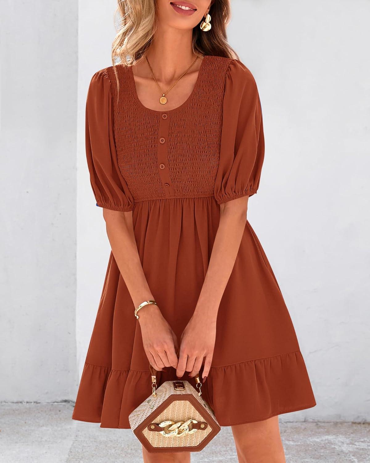 imageBTFBM Women Casual Summer Smocked Dresses 2025 Crew Neck Puff Short Sleeve Empire Waist ALine Beach Vacation Mini DressBrick Red