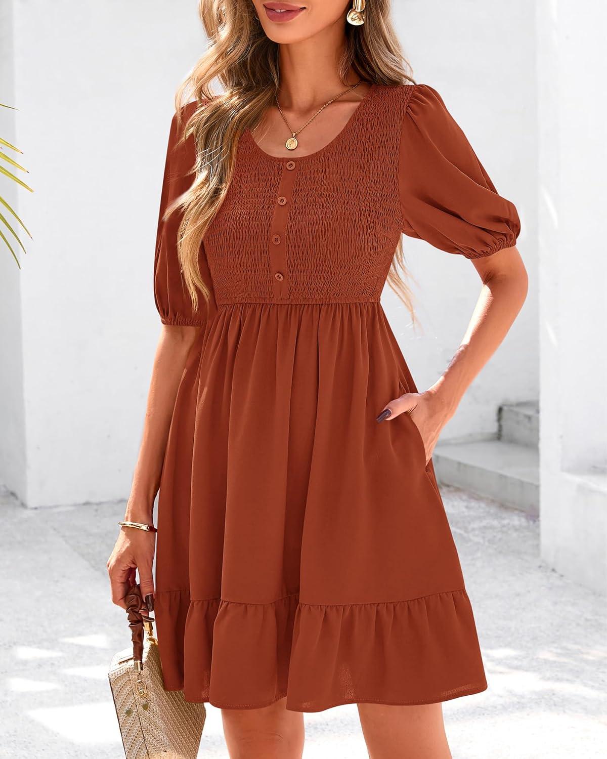 imageBTFBM Women Casual Summer Smocked Dresses 2025 Crew Neck Puff Short Sleeve Empire Waist ALine Beach Vacation Mini DressBrick Red
