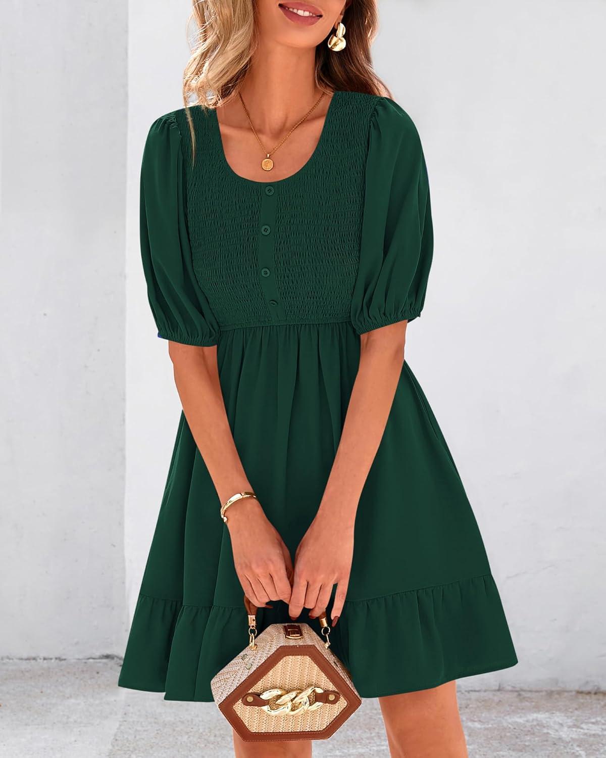 imageBTFBM Women Casual Summer Smocked Dresses 2025 Crew Neck Puff Short Sleeve Empire Waist ALine Beach Vacation Mini DressGreen