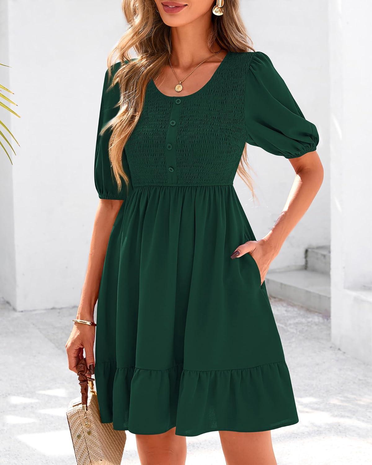imageBTFBM Women Casual Summer Smocked Dresses 2025 Crew Neck Puff Short Sleeve Empire Waist ALine Beach Vacation Mini DressGreen