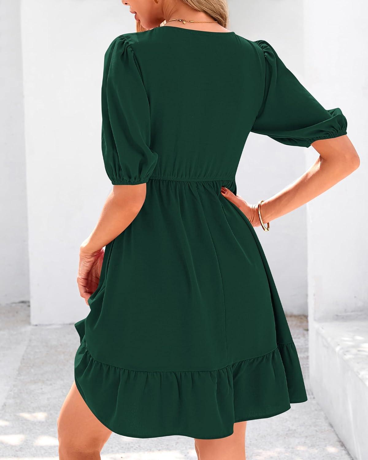 imageBTFBM Women Casual Summer Smocked Dresses 2025 Crew Neck Puff Short Sleeve Empire Waist ALine Beach Vacation Mini DressGreen