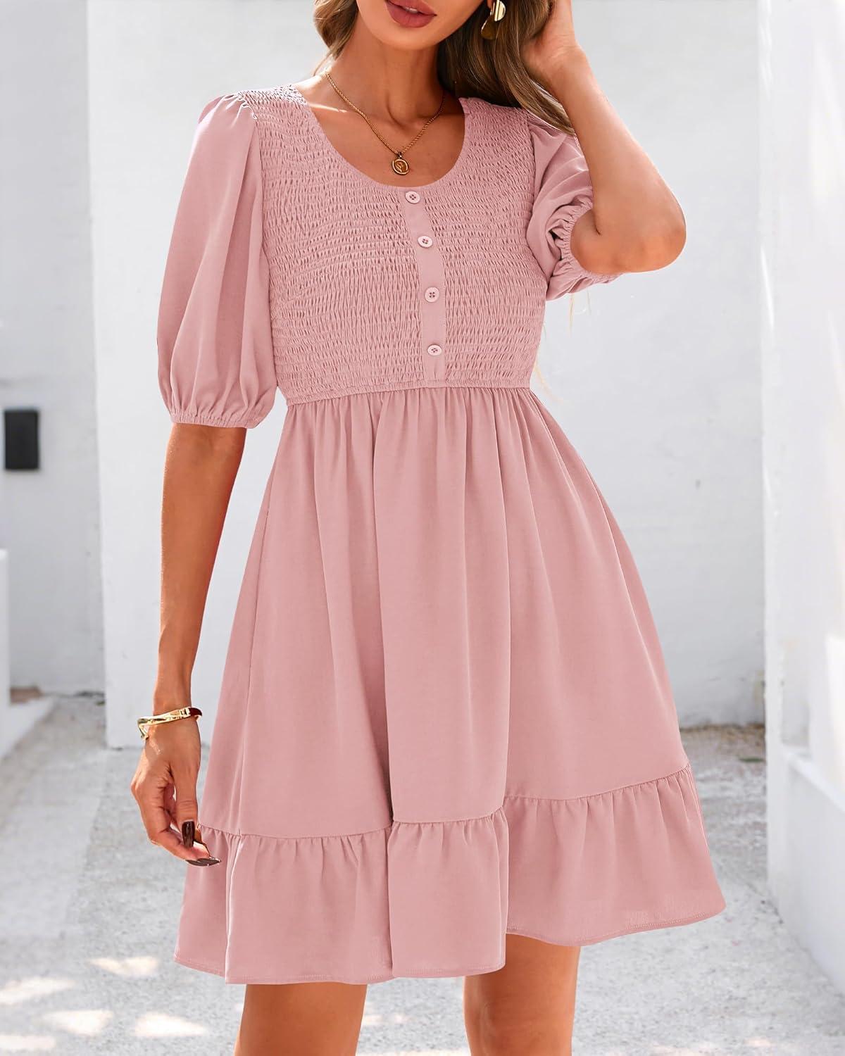 imageBTFBM Women Casual Summer Smocked Dresses 2025 Crew Neck Puff Short Sleeve Empire Waist ALine Beach Vacation Mini DressPink