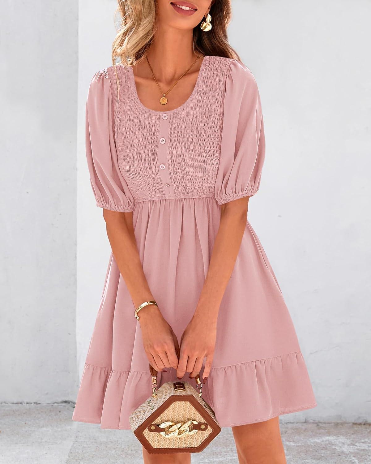 imageBTFBM Women Casual Summer Smocked Dresses 2025 Crew Neck Puff Short Sleeve Empire Waist ALine Beach Vacation Mini DressPink