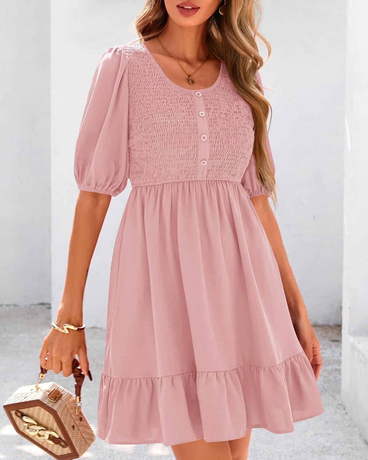 imageBTFBM Women Casual Summer Smocked Dresses 2025 Crew Neck Puff Short Sleeve Empire Waist ALine Beach Vacation Mini DressPink
