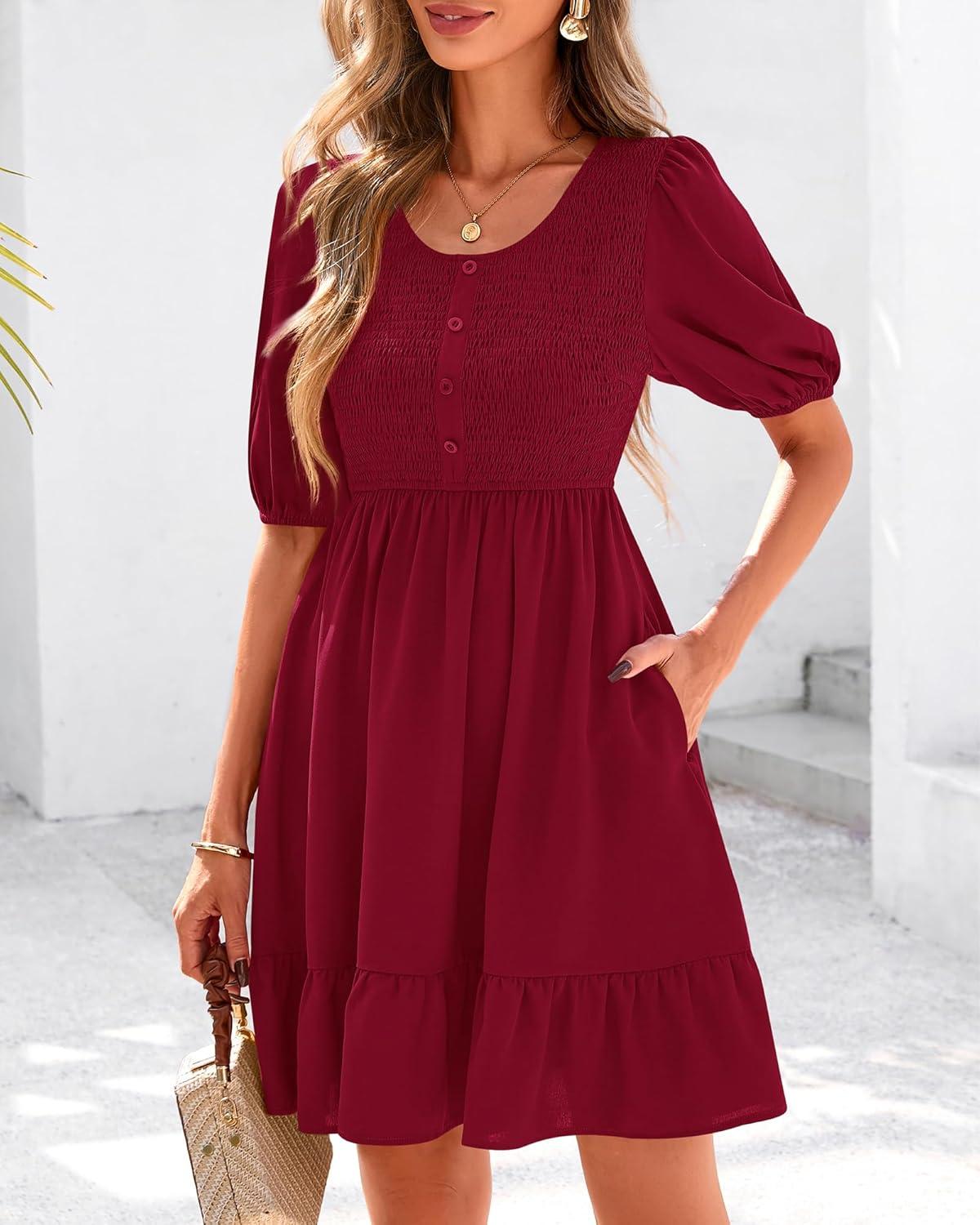 imageBTFBM Women Casual Summer Smocked Dresses 2025 Crew Neck Puff Short Sleeve Empire Waist ALine Beach Vacation Mini DressRed