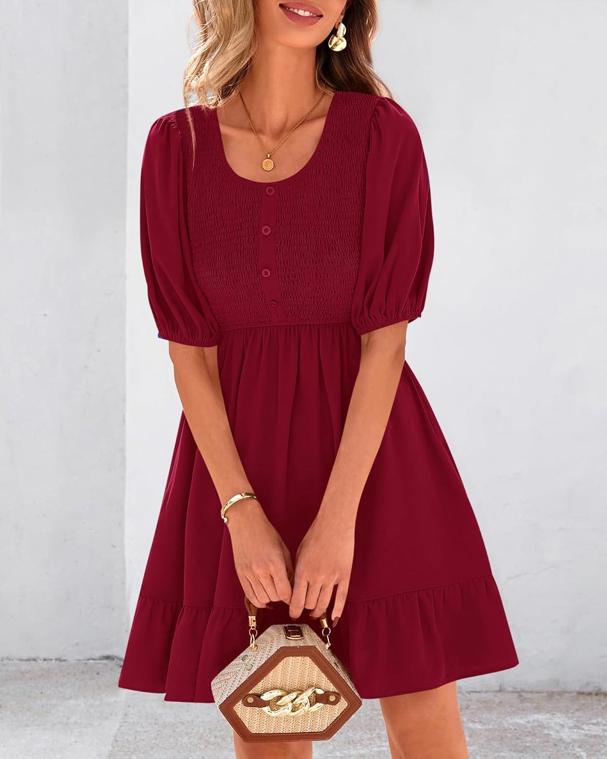 imageBTFBM Women Casual Summer Smocked Dresses 2025 Crew Neck Puff Short Sleeve Empire Waist ALine Beach Vacation Mini DressRed