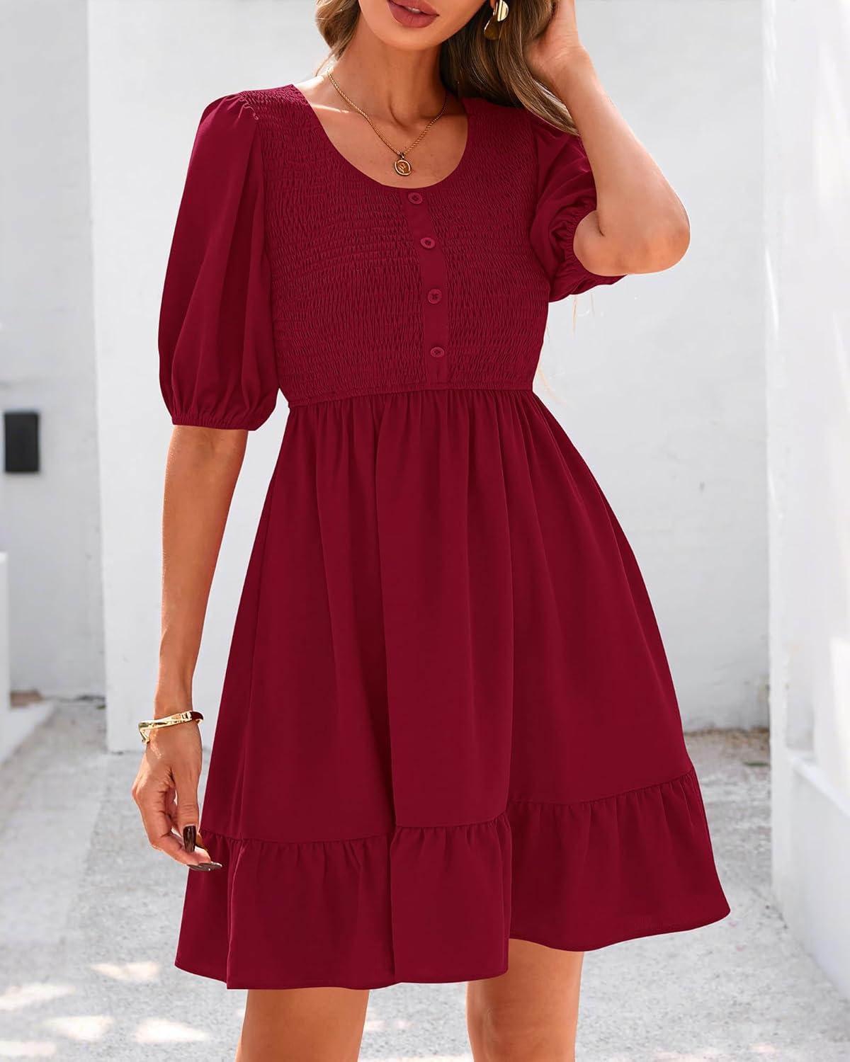 imageBTFBM Women Casual Summer Smocked Dresses 2025 Crew Neck Puff Short Sleeve Empire Waist ALine Beach Vacation Mini DressRed