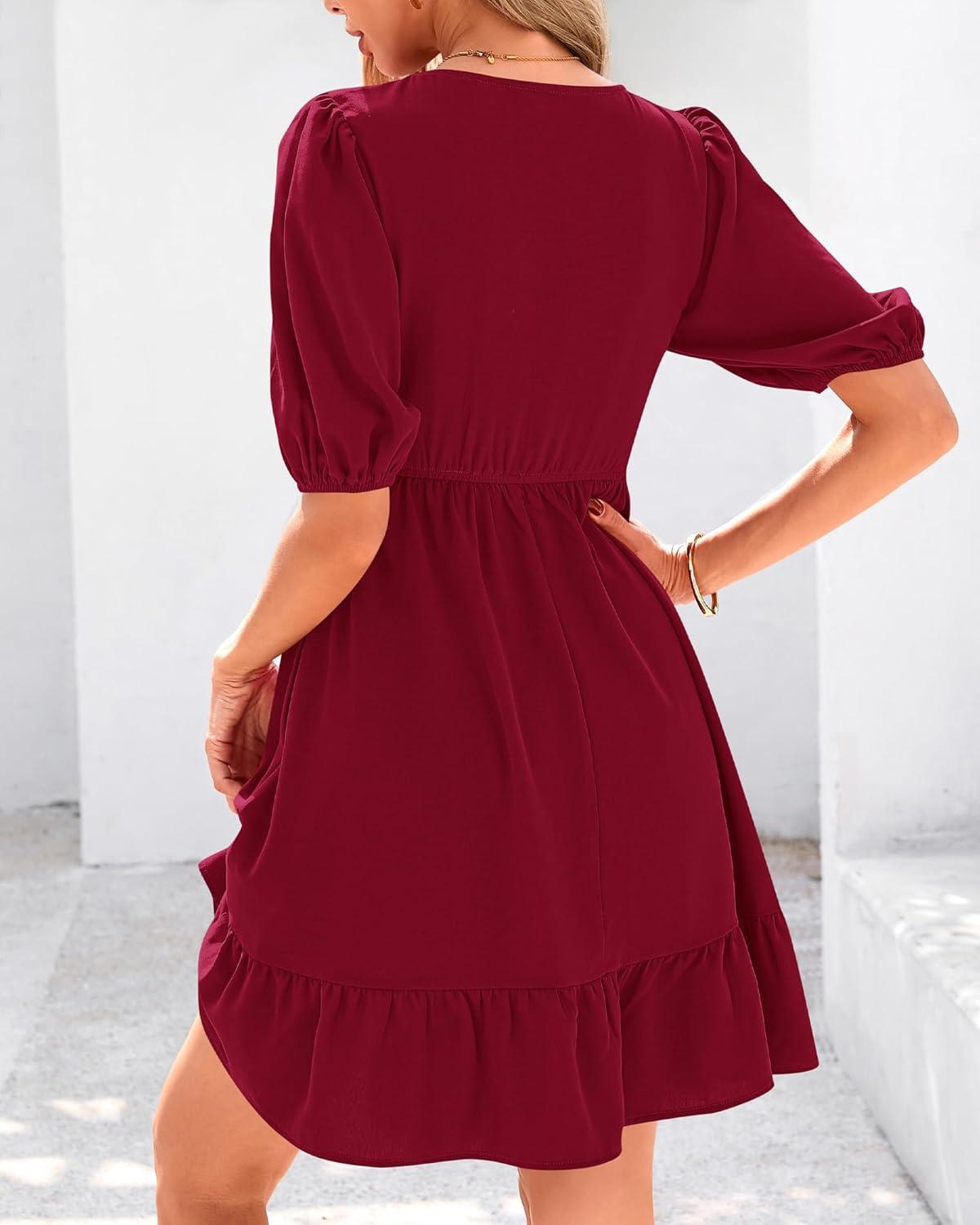 imageBTFBM Women Casual Summer Smocked Dresses 2025 Crew Neck Puff Short Sleeve Empire Waist ALine Beach Vacation Mini DressRed