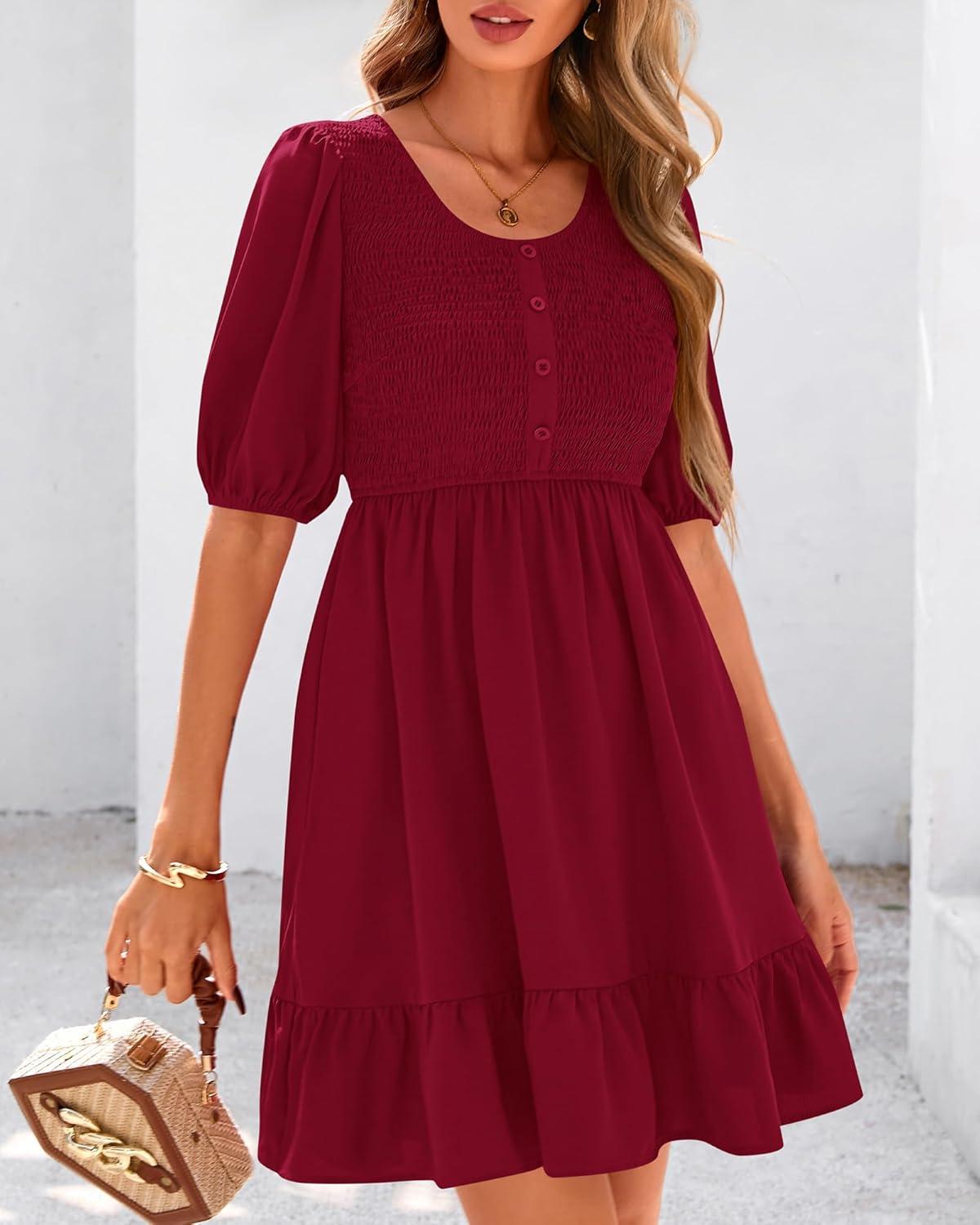 imageBTFBM Women Casual Summer Smocked Dresses 2025 Crew Neck Puff Short Sleeve Empire Waist ALine Beach Vacation Mini DressRed
