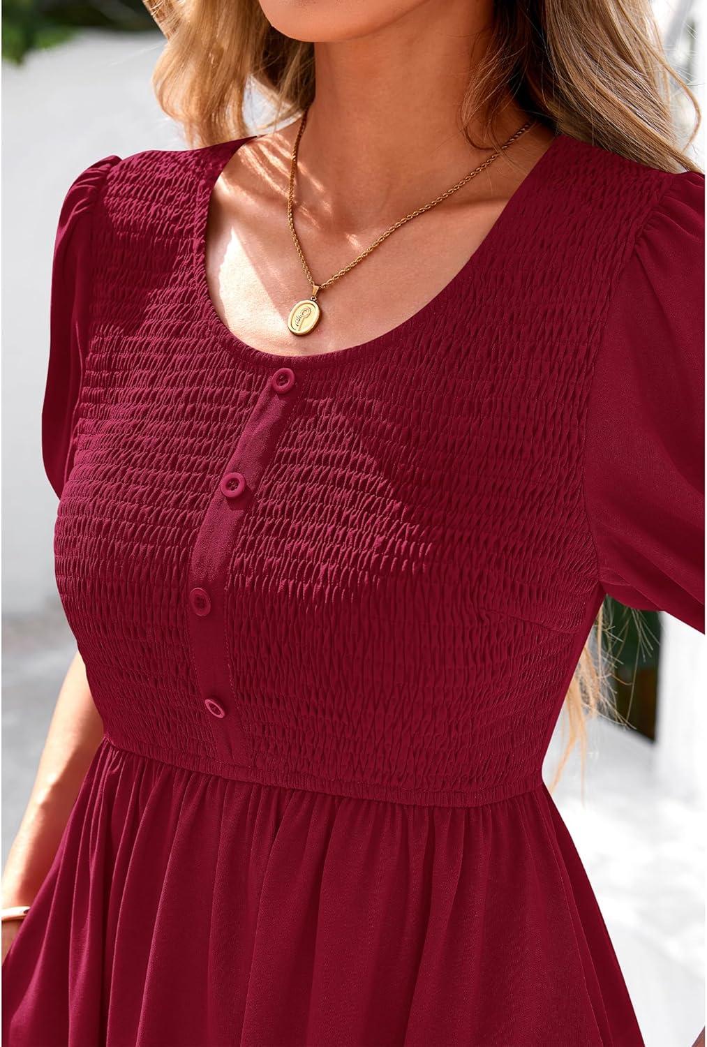 imageBTFBM Women Casual Summer Smocked Dresses 2025 Crew Neck Puff Short Sleeve Empire Waist ALine Beach Vacation Mini DressRed