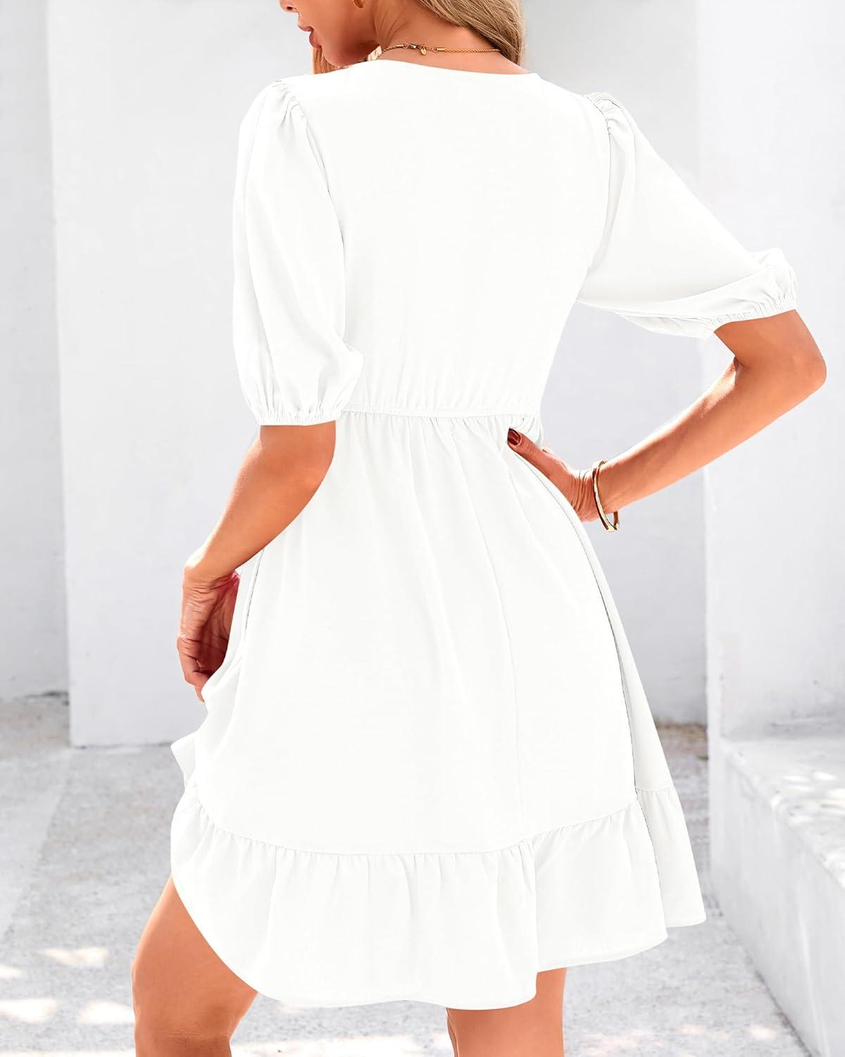 imageBTFBM Women Casual Summer Smocked Dresses 2025 Crew Neck Puff Short Sleeve Empire Waist ALine Beach Vacation Mini DressWhite