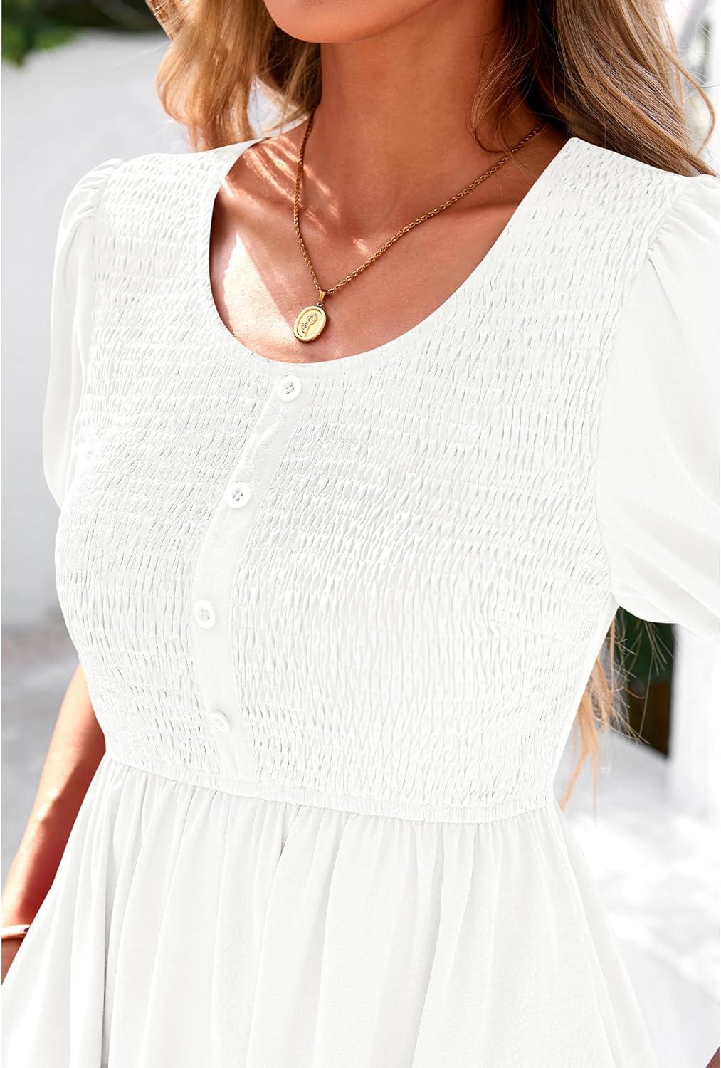imageBTFBM Women Casual Summer Smocked Dresses 2025 Crew Neck Puff Short Sleeve Empire Waist ALine Beach Vacation Mini DressWhite