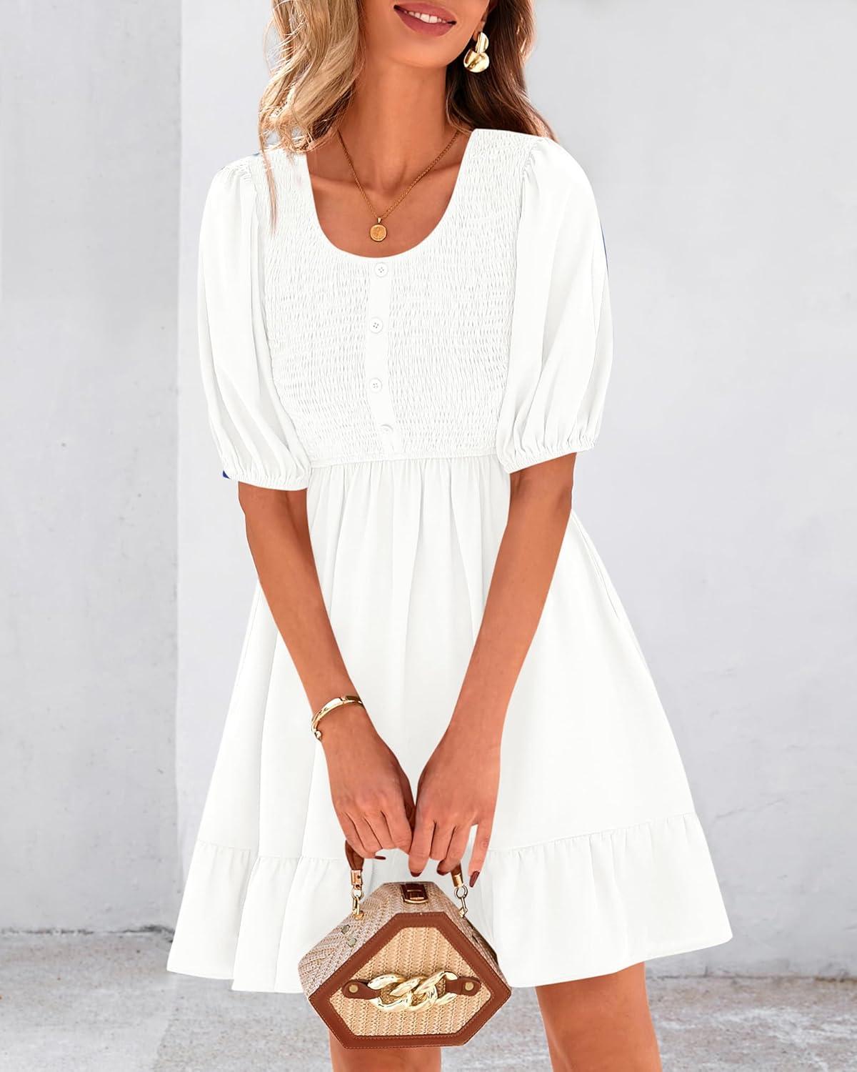 imageBTFBM Women Casual Summer Smocked Dresses 2025 Crew Neck Puff Short Sleeve Empire Waist ALine Beach Vacation Mini DressWhite