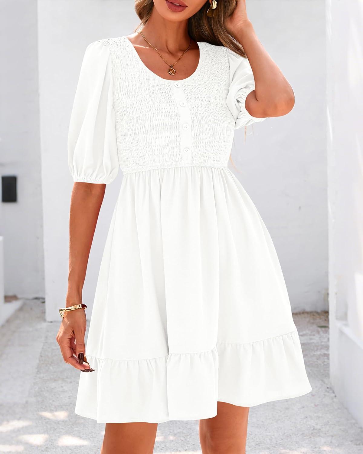 imageBTFBM Women Casual Summer Smocked Dresses 2025 Crew Neck Puff Short Sleeve Empire Waist ALine Beach Vacation Mini DressWhite