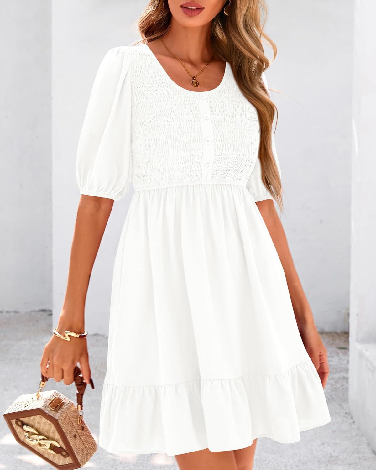 imageBTFBM Women Casual Summer Smocked Dresses 2025 Crew Neck Puff Short Sleeve Empire Waist ALine Beach Vacation Mini DressWhite