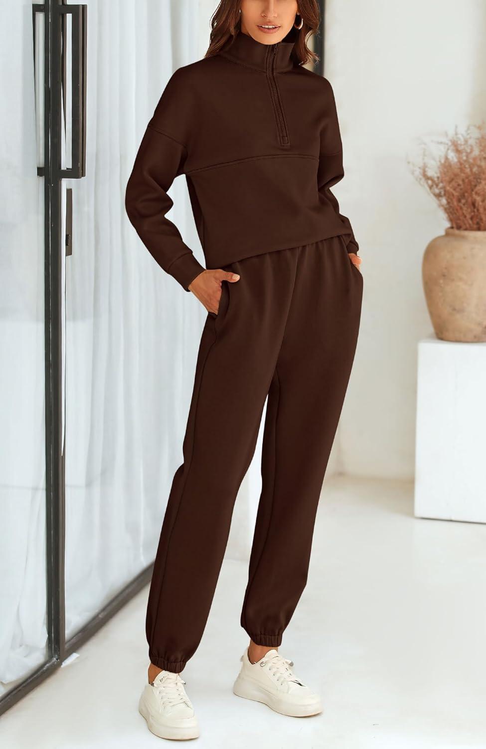 imageBTFBM Womens 2 Piece Sweatsuit Sets Fall Outfits Tracksuits 2025 Long Sleeve Half Zip Sweatshirt Sweatpants Lounge SetSolid Brown
