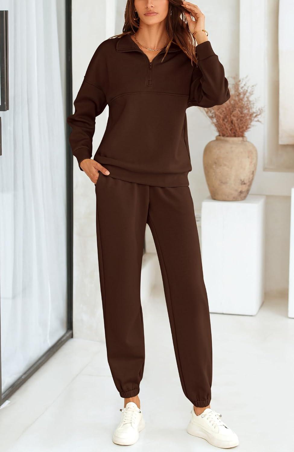 imageBTFBM Womens 2 Piece Sweatsuit Sets Fall Outfits Tracksuits 2025 Long Sleeve Half Zip Sweatshirt Sweatpants Lounge SetSolid Brown