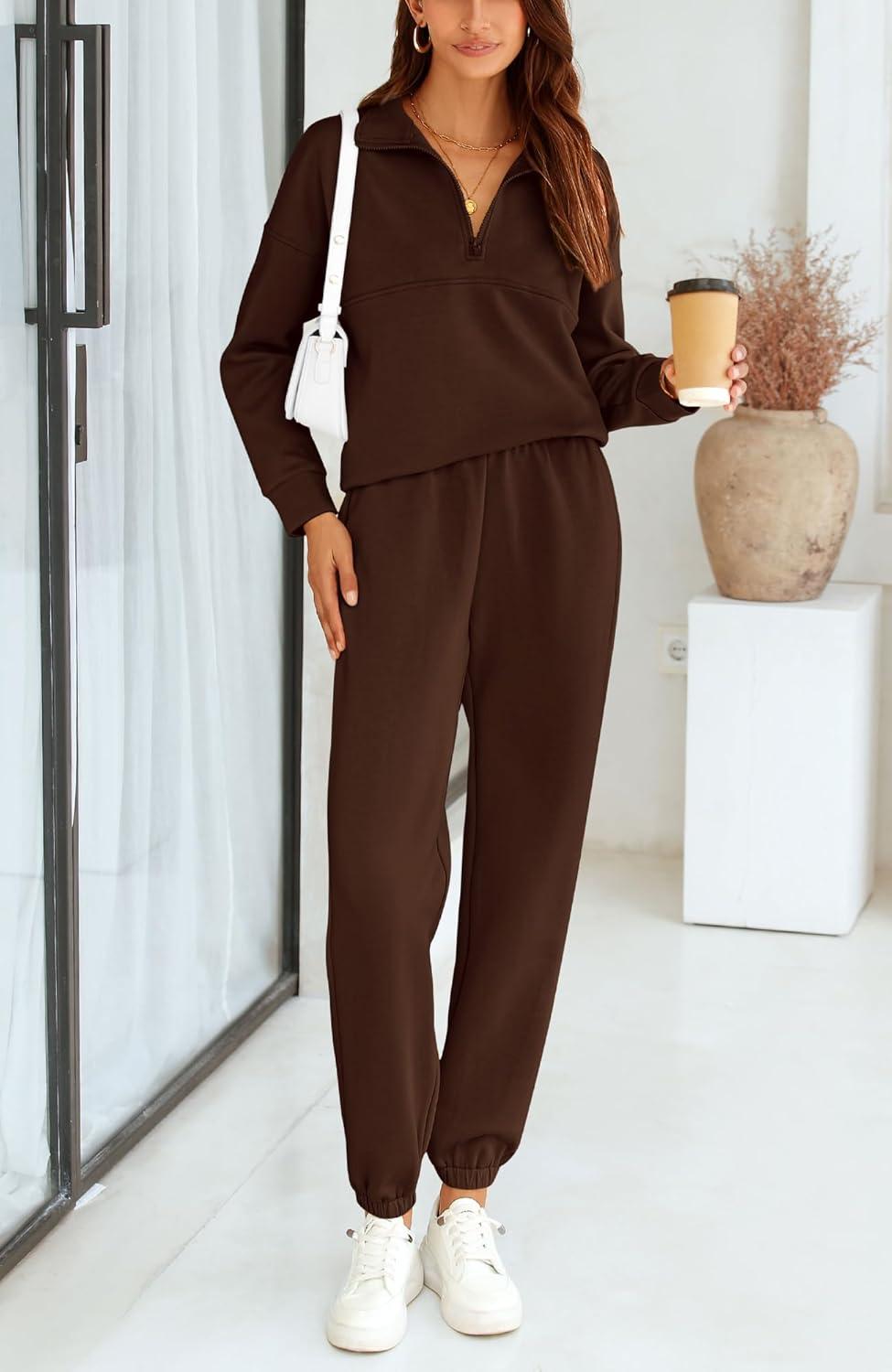 imageBTFBM Womens 2 Piece Sweatsuit Sets Fall Outfits Tracksuits 2025 Long Sleeve Half Zip Sweatshirt Sweatpants Lounge SetSolid Brown