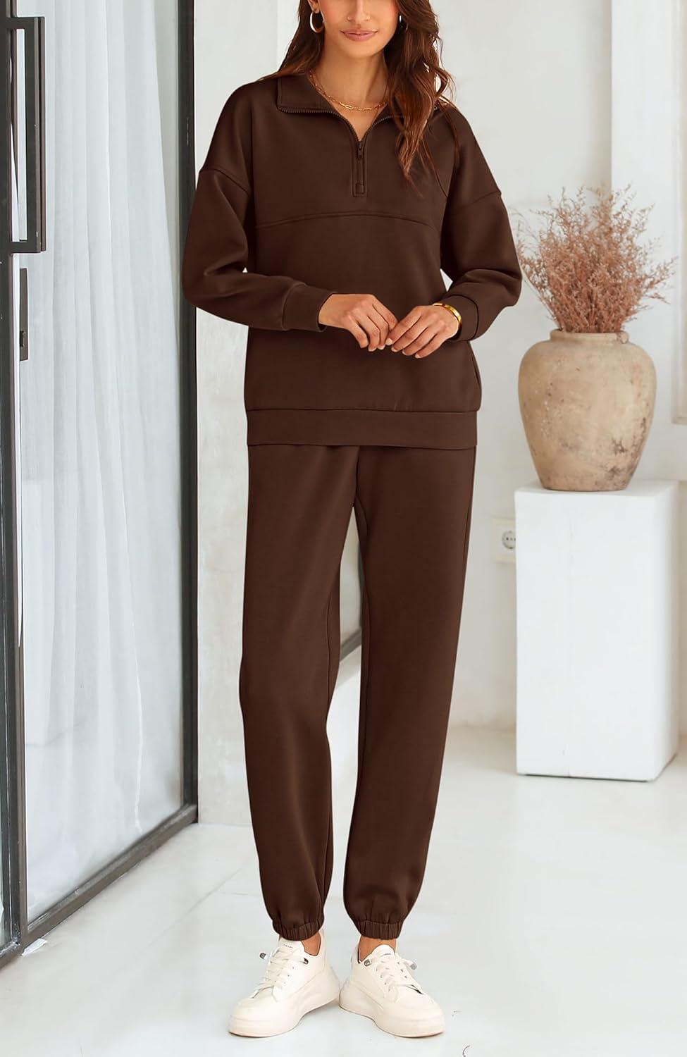 imageBTFBM Womens 2 Piece Sweatsuit Sets Fall Outfits Tracksuits 2025 Long Sleeve Half Zip Sweatshirt Sweatpants Lounge SetSolid Brown