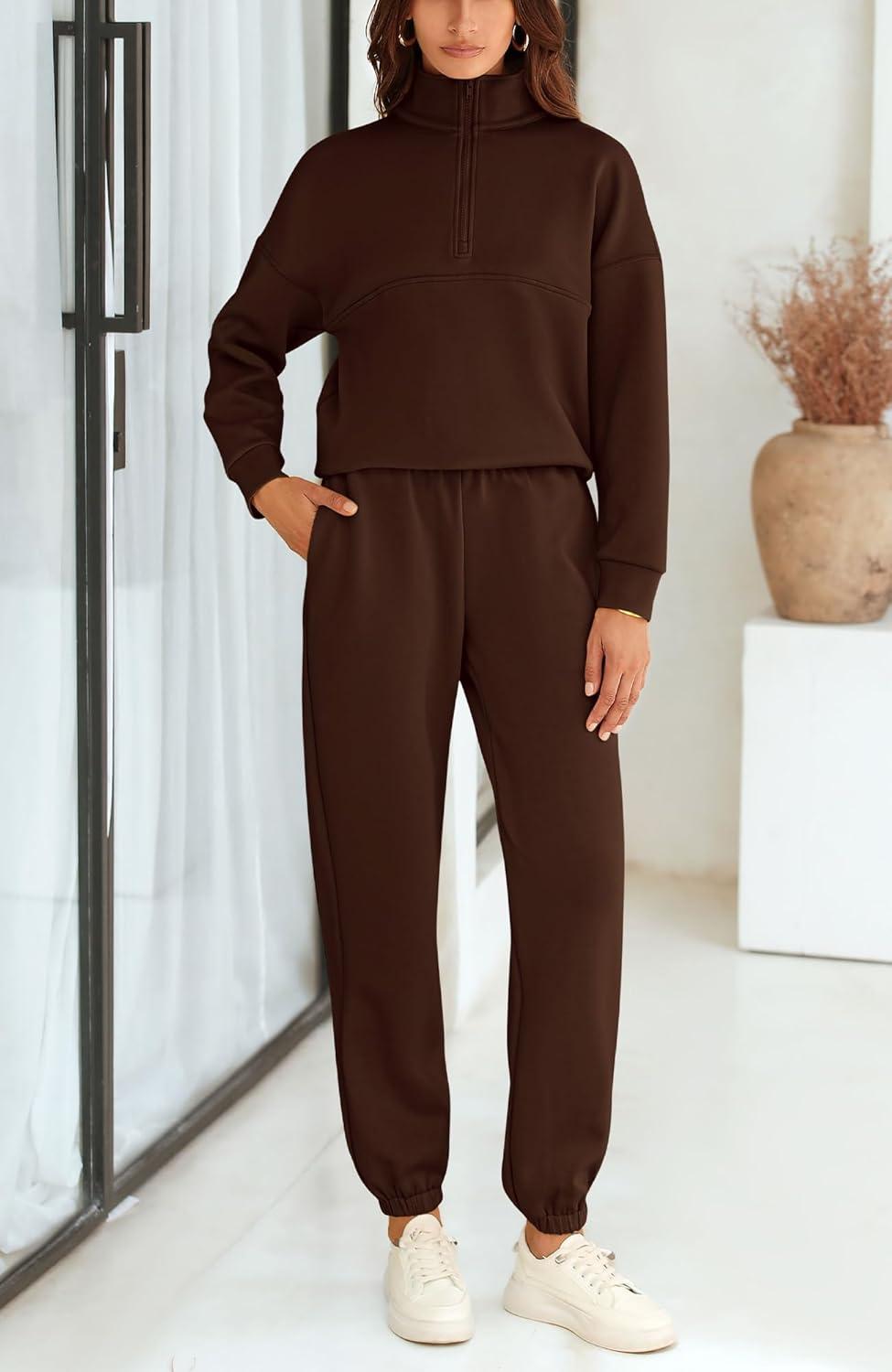 imageBTFBM Womens 2 Piece Sweatsuit Sets Fall Outfits Tracksuits 2025 Long Sleeve Half Zip Sweatshirt Sweatpants Lounge SetSolid Brown