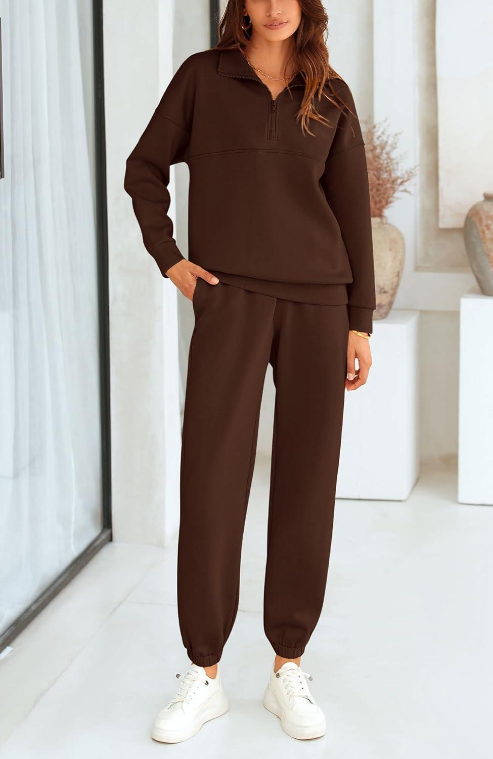 imageBTFBM Womens 2 Piece Sweatsuit Sets Fall Outfits Tracksuits 2025 Long Sleeve Half Zip Sweatshirt Sweatpants Lounge SetSolid Brown