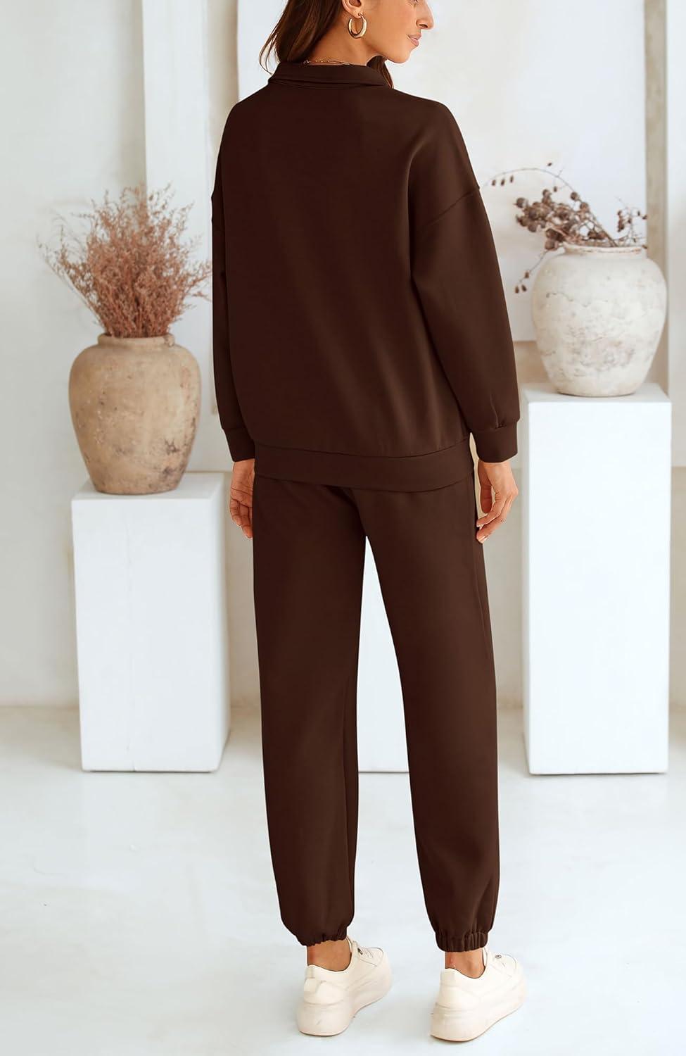 imageBTFBM Womens 2 Piece Sweatsuit Sets Fall Outfits Tracksuits 2025 Long Sleeve Half Zip Sweatshirt Sweatpants Lounge SetSolid Brown