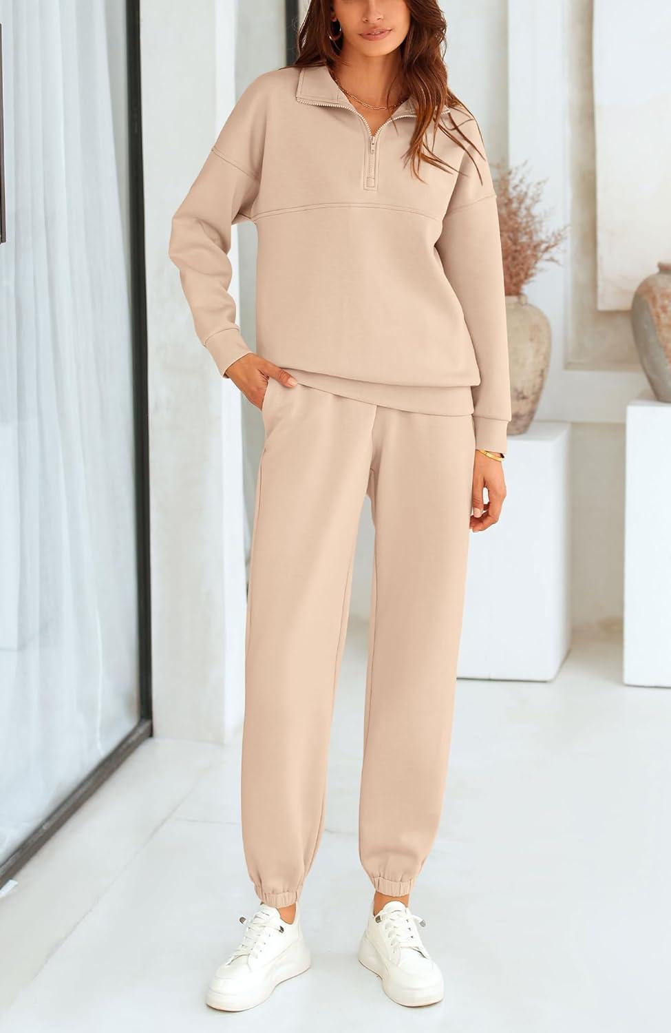 imageBTFBM Womens 2 Piece Sweatsuit Sets Fall Outfits Tracksuits 2025 Long Sleeve Half Zip Sweatshirt Sweatpants Lounge SetSolid Light Khaki