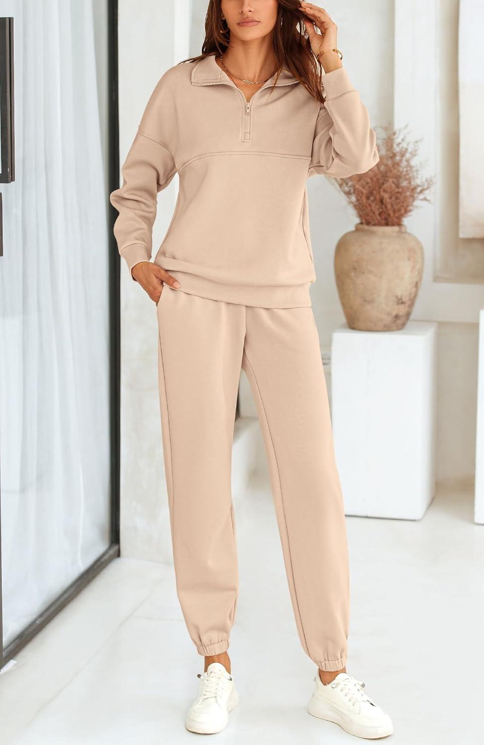 imageBTFBM Womens 2 Piece Sweatsuit Sets Fall Outfits Tracksuits 2025 Long Sleeve Half Zip Sweatshirt Sweatpants Lounge SetSolid Light Khaki