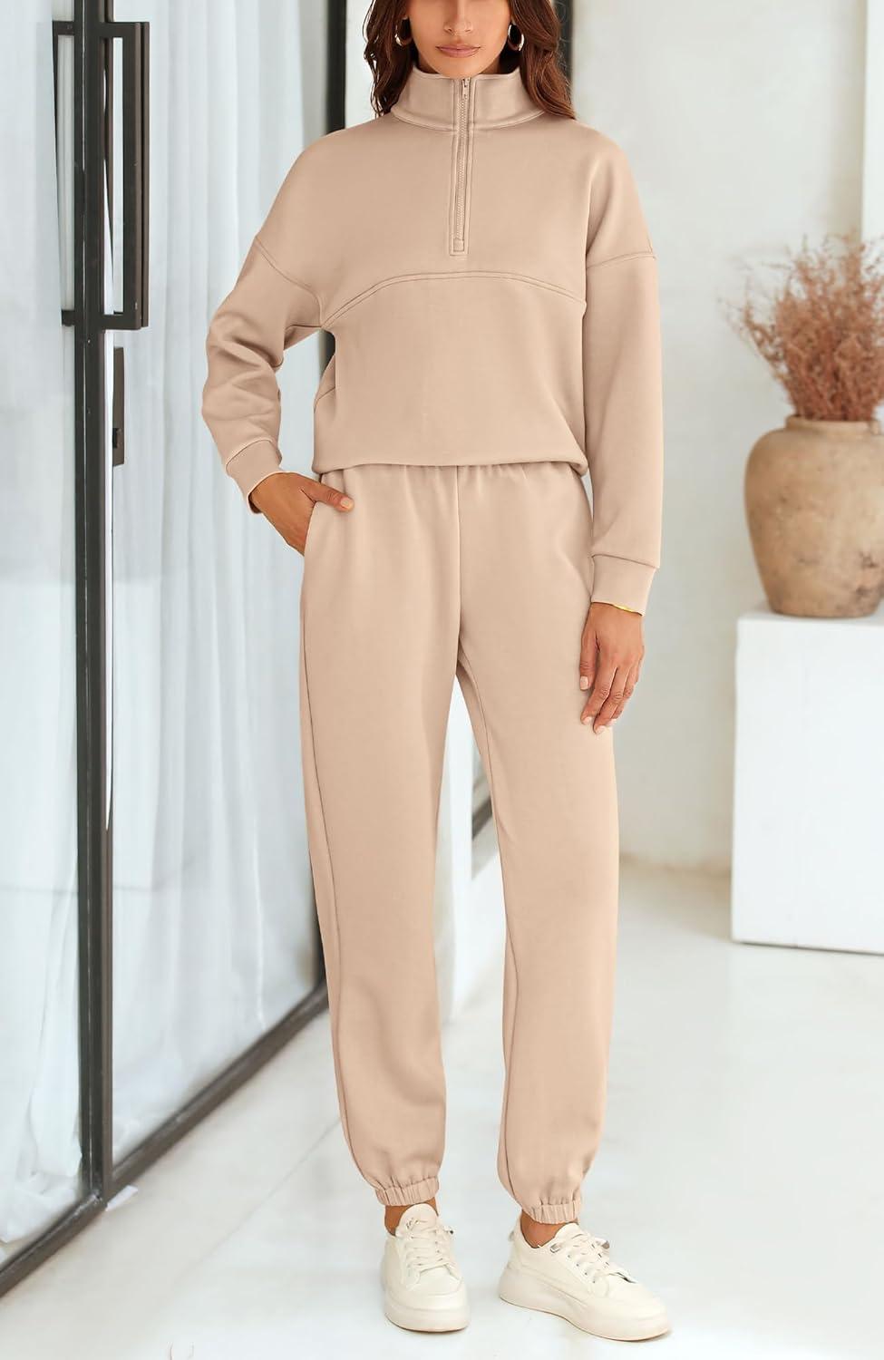 imageBTFBM Womens 2 Piece Sweatsuit Sets Fall Outfits Tracksuits 2025 Long Sleeve Half Zip Sweatshirt Sweatpants Lounge SetSolid Light Khaki