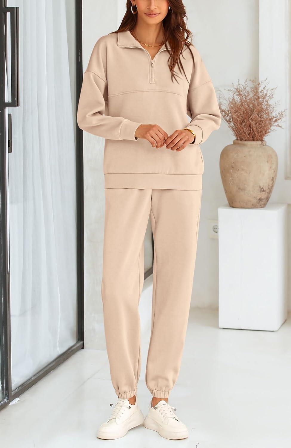 imageBTFBM Womens 2 Piece Sweatsuit Sets Fall Outfits Tracksuits 2025 Long Sleeve Half Zip Sweatshirt Sweatpants Lounge SetSolid Light Khaki