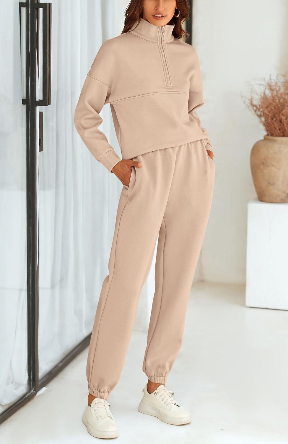 imageBTFBM Womens 2 Piece Sweatsuit Sets Fall Outfits Tracksuits 2025 Long Sleeve Half Zip Sweatshirt Sweatpants Lounge SetSolid Light Khaki
