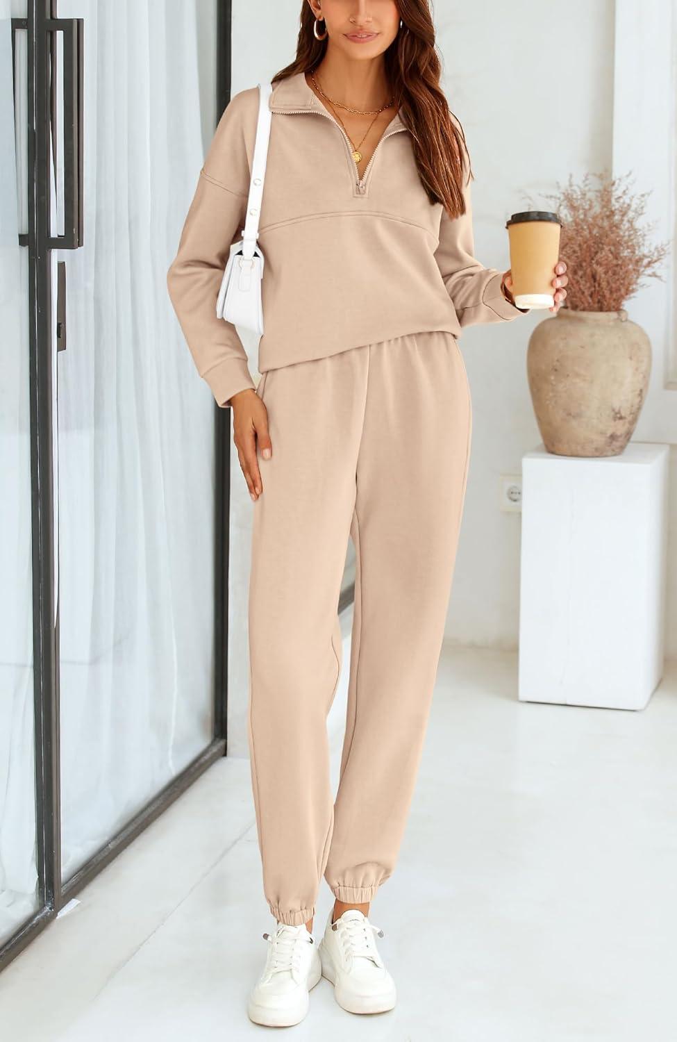 imageBTFBM Womens 2 Piece Sweatsuit Sets Fall Outfits Tracksuits 2025 Long Sleeve Half Zip Sweatshirt Sweatpants Lounge SetSolid Light Khaki