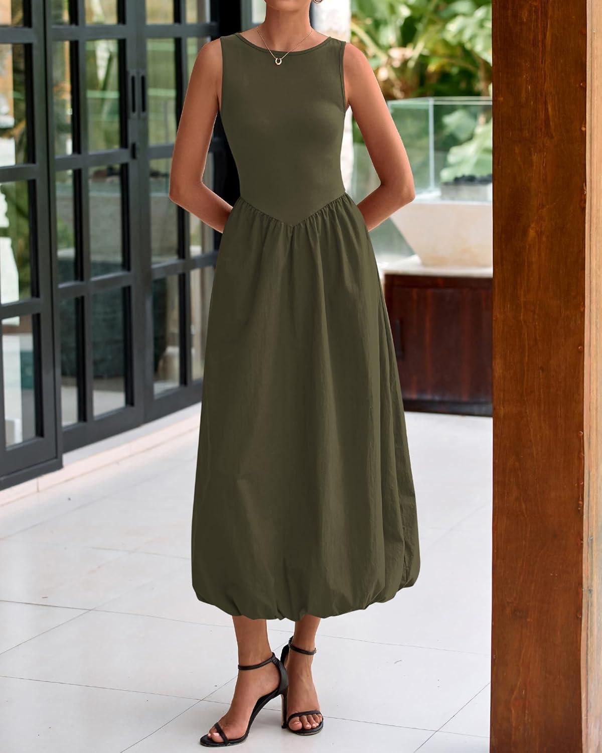 imageBTFBM Womens 2025 Summer Casual Sleeveless Midi Dress Patchwork Knit Tank Bubble Long Flowy Beach Maxi Sundress PocketsArmy Green