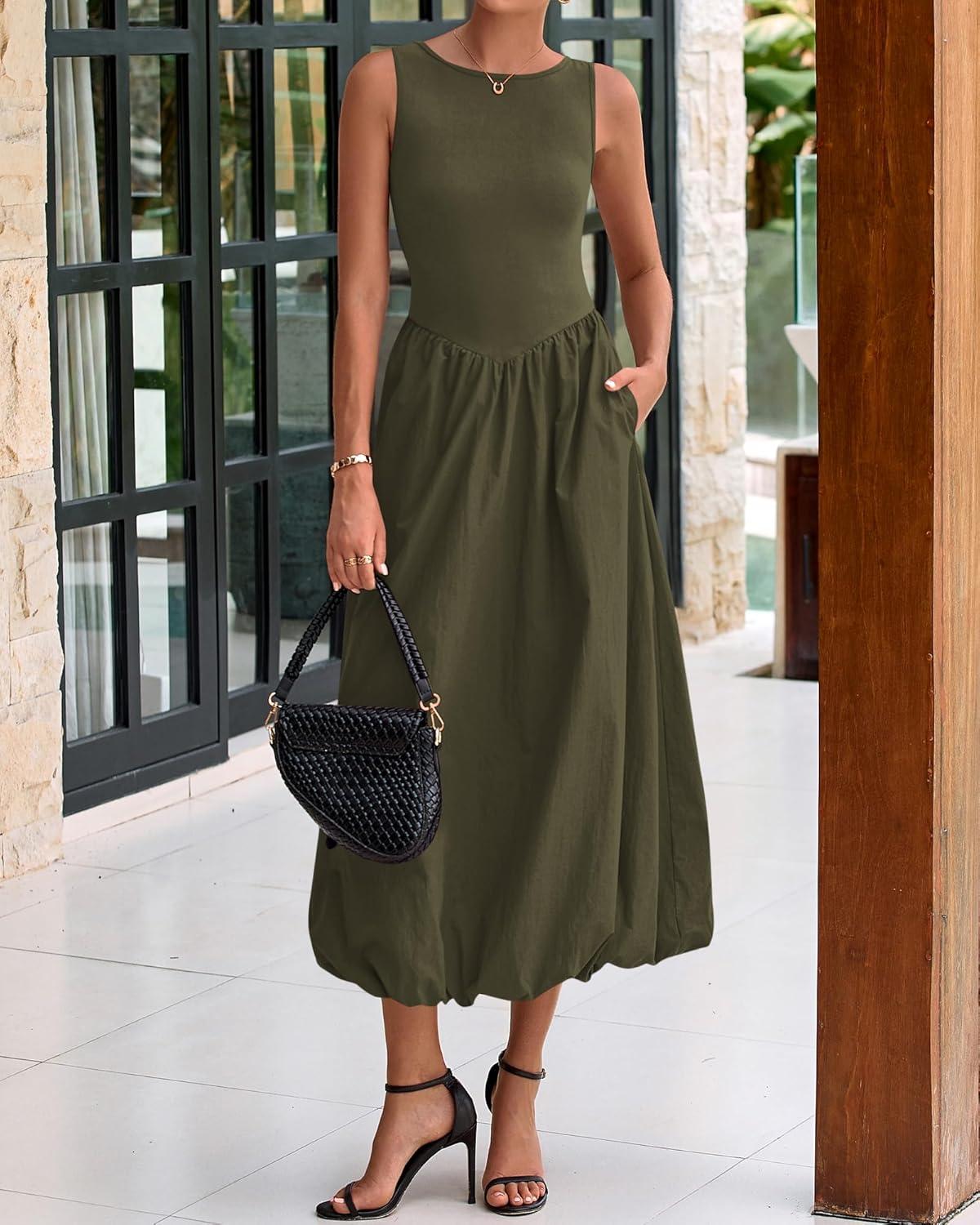 imageBTFBM Womens 2025 Summer Casual Sleeveless Midi Dress Patchwork Knit Tank Bubble Long Flowy Beach Maxi Sundress PocketsArmy Green