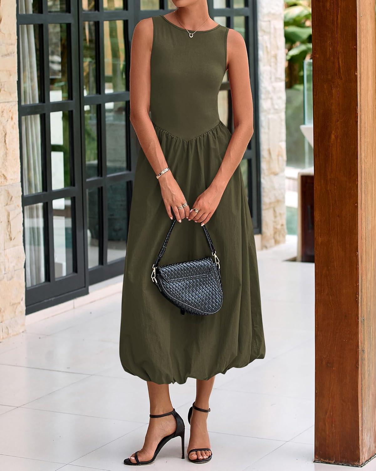 imageBTFBM Womens 2025 Summer Casual Sleeveless Midi Dress Patchwork Knit Tank Bubble Long Flowy Beach Maxi Sundress PocketsArmy Green