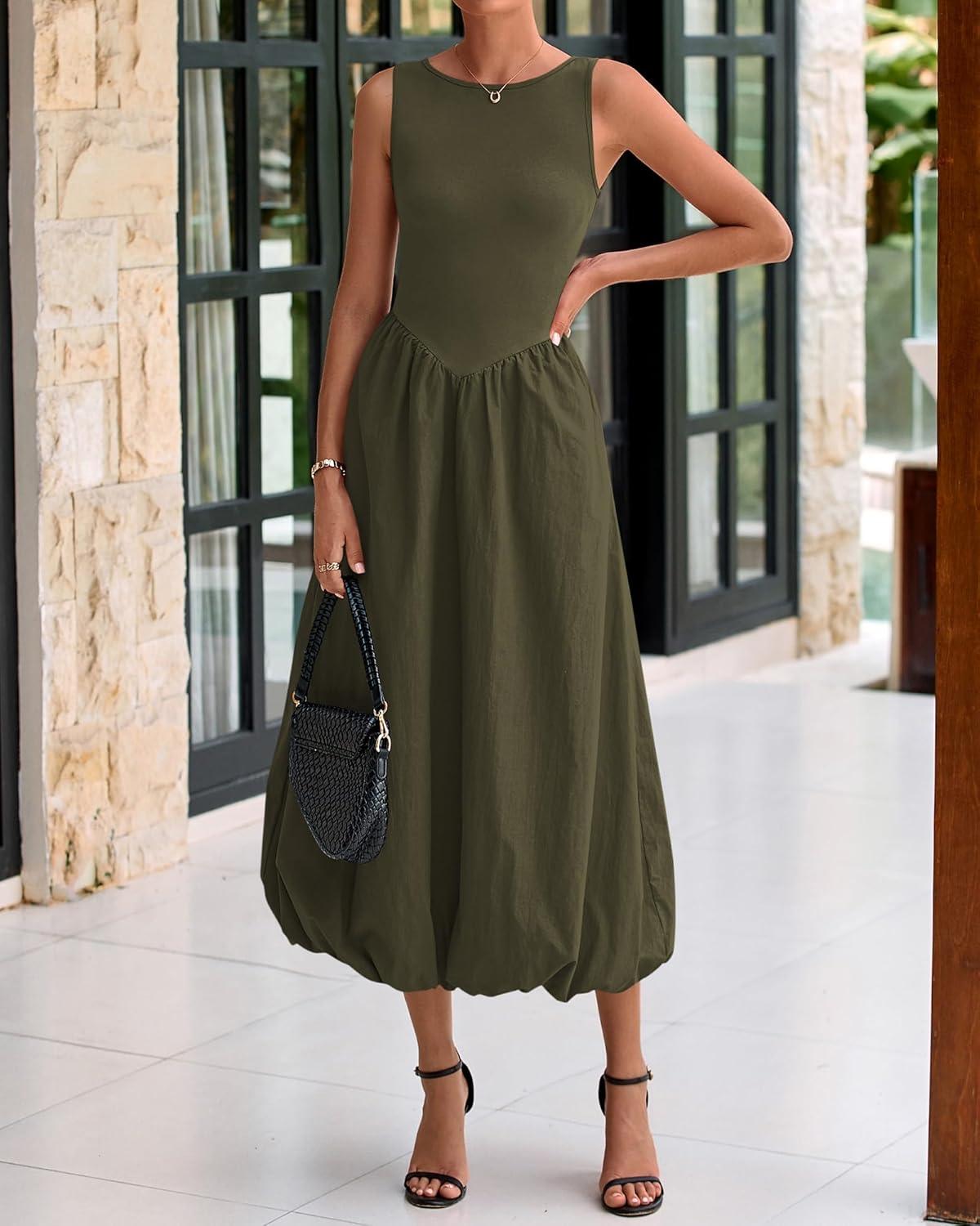 imageBTFBM Womens 2025 Summer Casual Sleeveless Midi Dress Patchwork Knit Tank Bubble Long Flowy Beach Maxi Sundress PocketsArmy Green