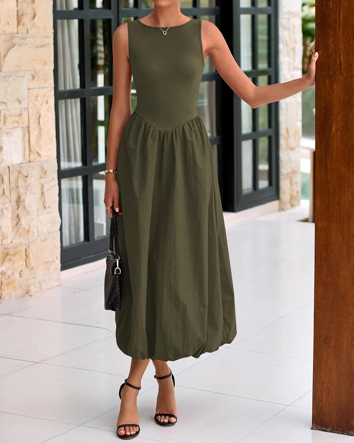 imageBTFBM Womens 2025 Summer Casual Sleeveless Midi Dress Patchwork Knit Tank Bubble Long Flowy Beach Maxi Sundress PocketsArmy Green