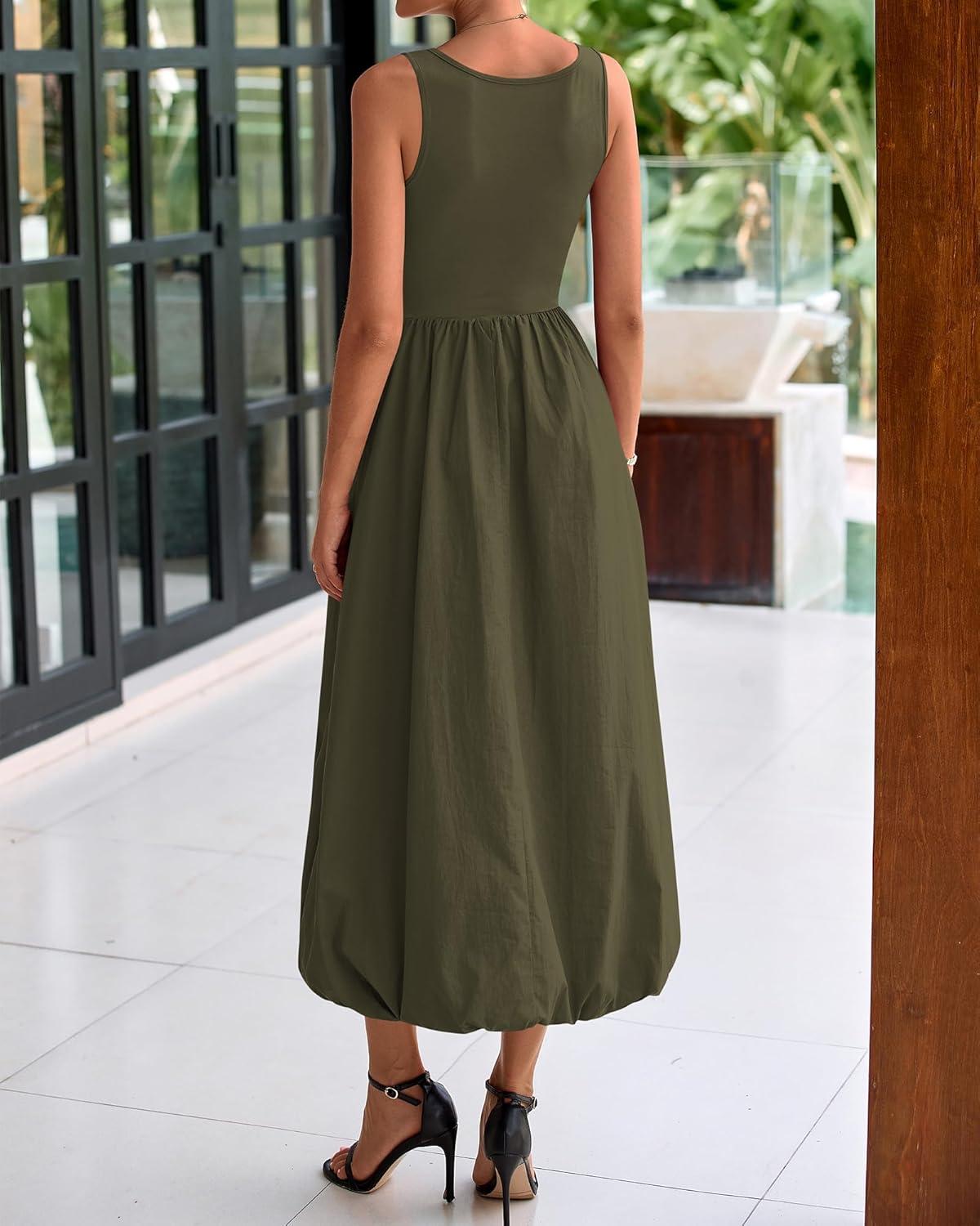 imageBTFBM Womens 2025 Summer Casual Sleeveless Midi Dress Patchwork Knit Tank Bubble Long Flowy Beach Maxi Sundress PocketsArmy Green