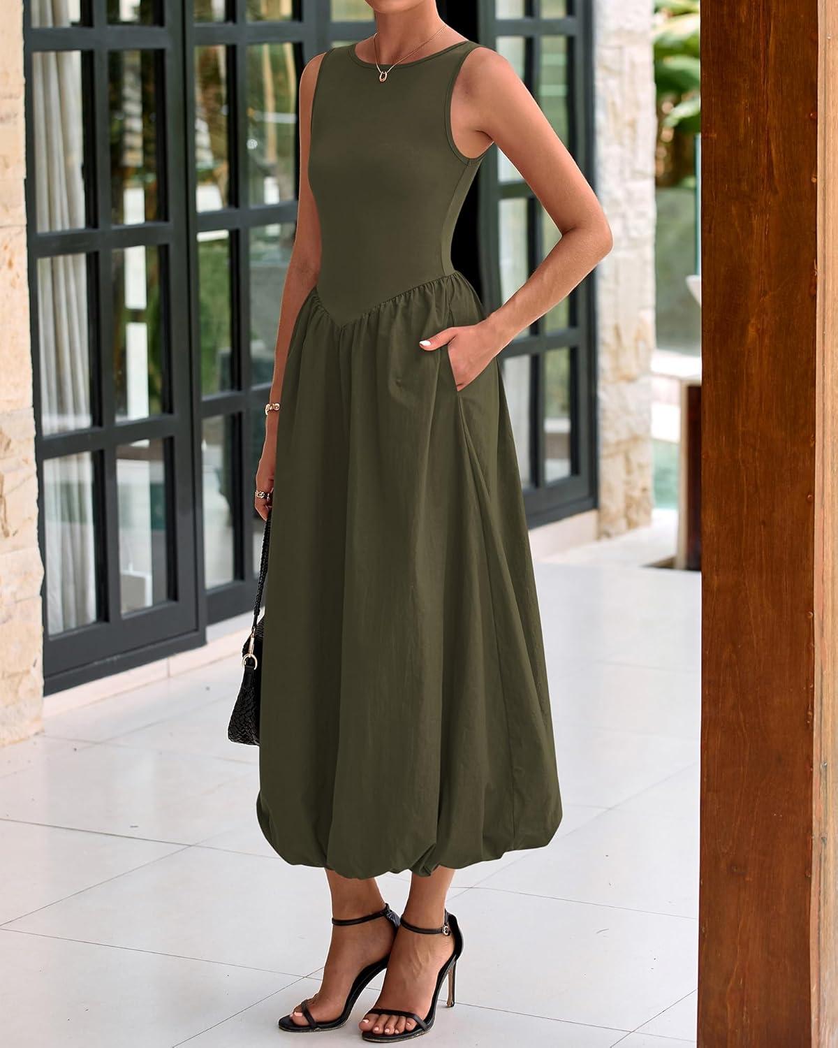 imageBTFBM Womens 2025 Summer Casual Sleeveless Midi Dress Patchwork Knit Tank Bubble Long Flowy Beach Maxi Sundress PocketsArmy Green