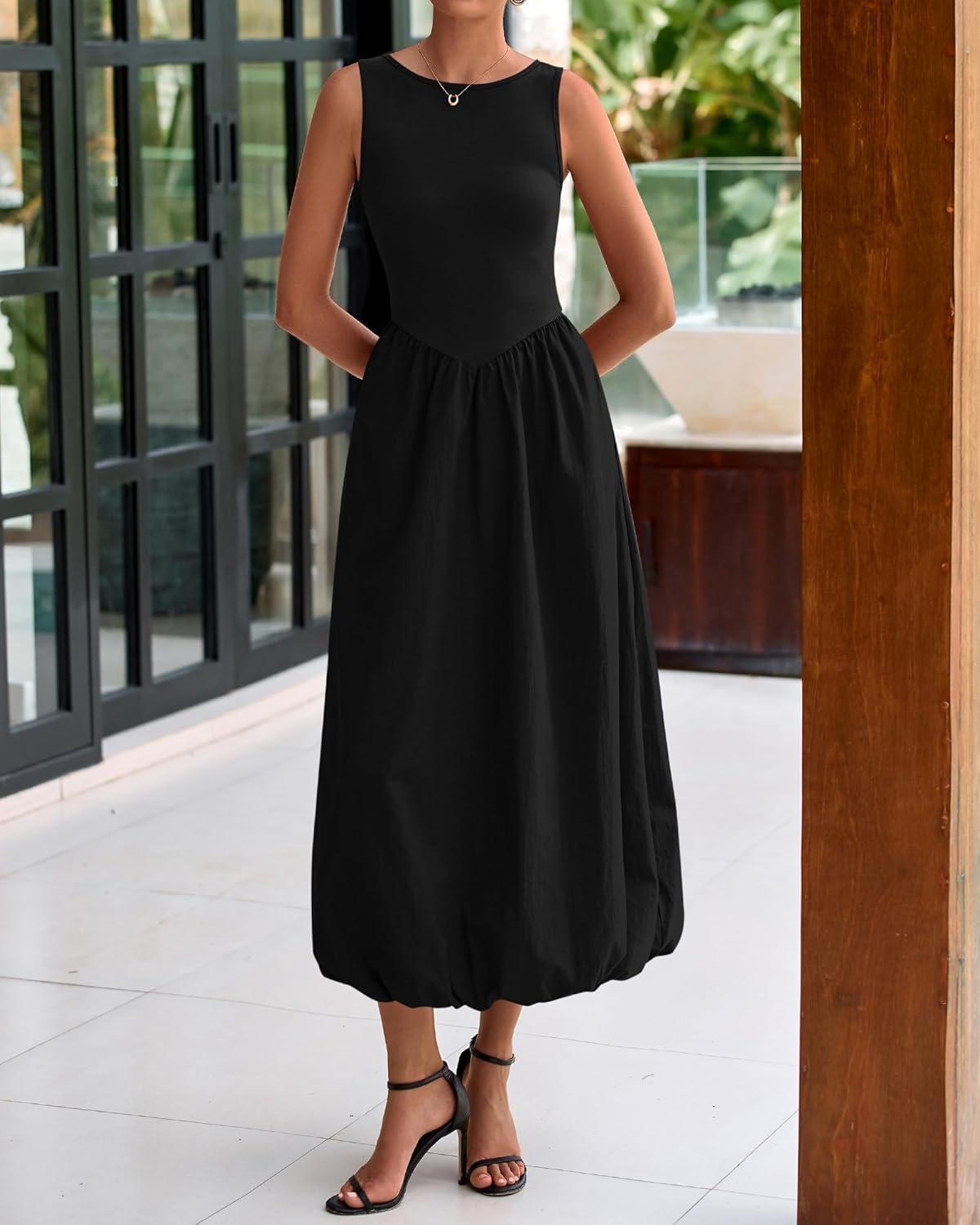 imageBTFBM Womens 2025 Summer Casual Sleeveless Midi Dress Patchwork Knit Tank Bubble Long Flowy Beach Maxi Sundress PocketsBlack
