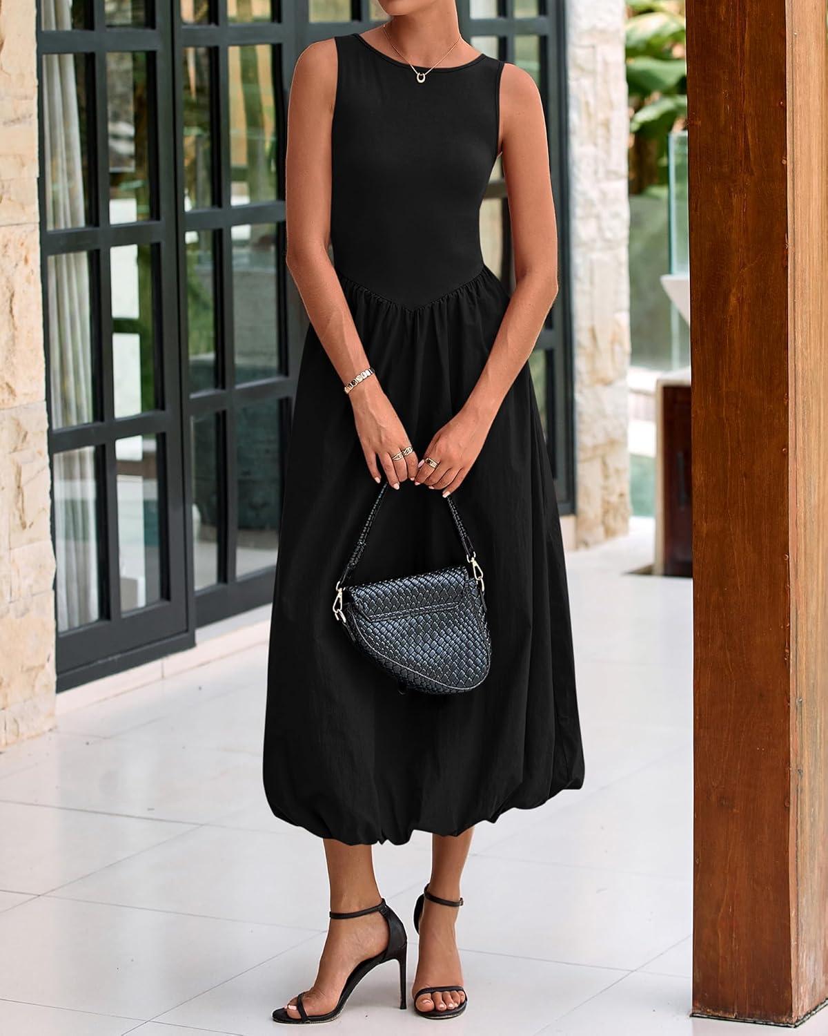imageBTFBM Womens 2025 Summer Casual Sleeveless Midi Dress Patchwork Knit Tank Bubble Long Flowy Beach Maxi Sundress PocketsBlack