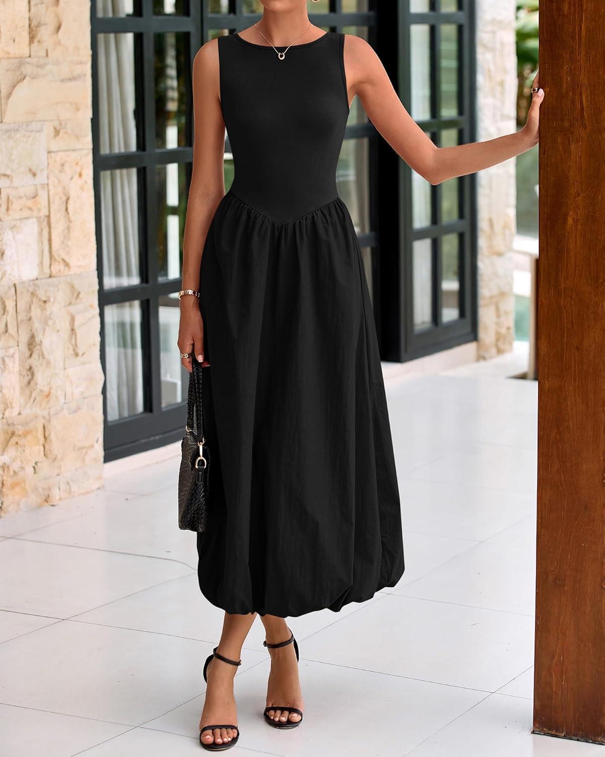 imageBTFBM Womens 2025 Summer Casual Sleeveless Midi Dress Patchwork Knit Tank Bubble Long Flowy Beach Maxi Sundress PocketsBlack