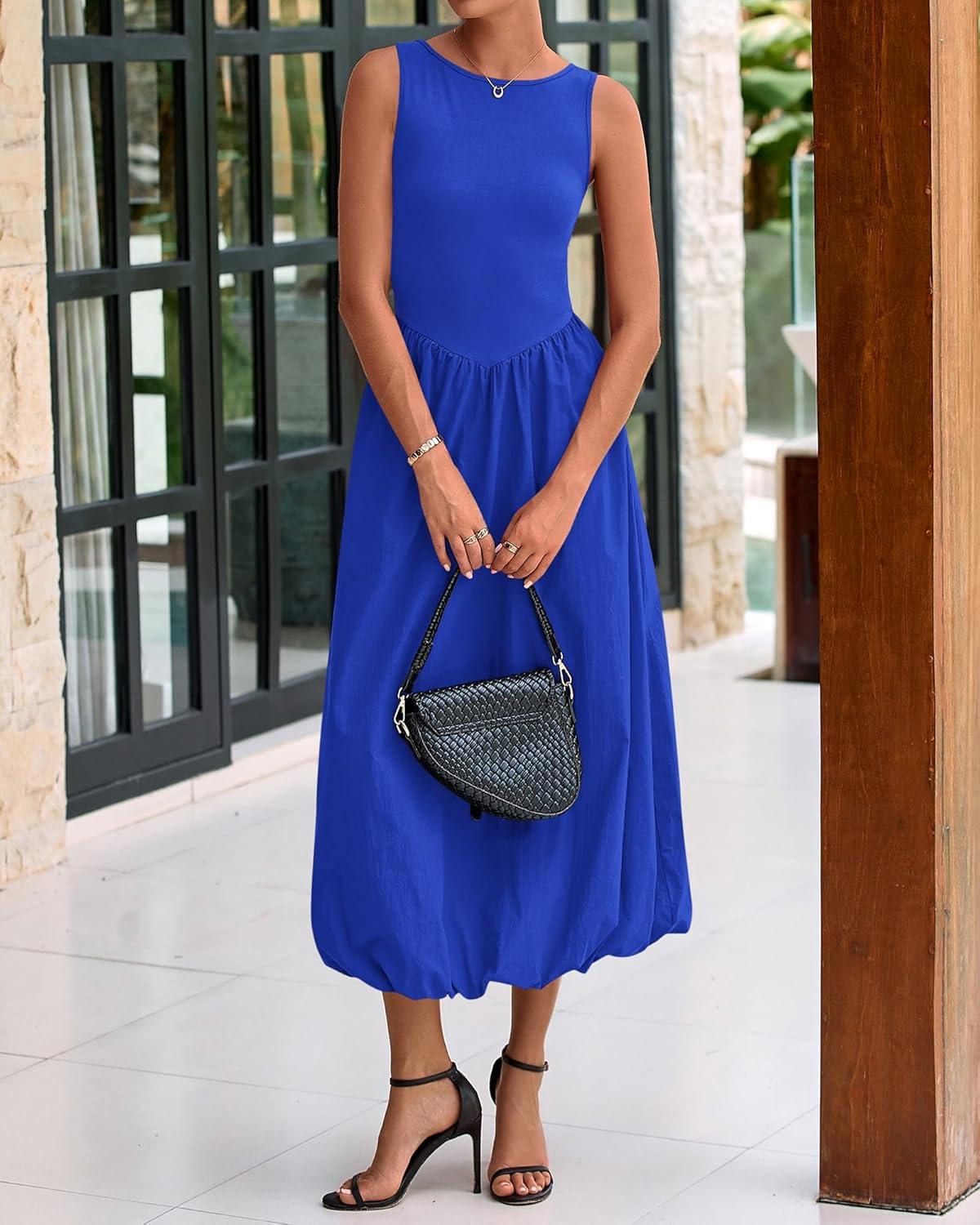 imageBTFBM Womens 2025 Summer Casual Sleeveless Midi Dress Patchwork Knit Tank Bubble Long Flowy Beach Maxi Sundress PocketsBlue